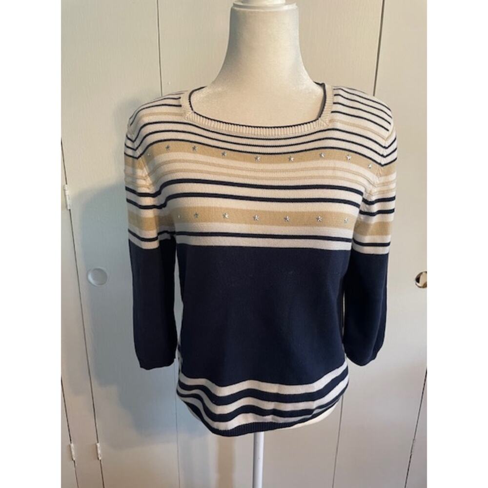 Sweater Size Medium Pullover with 3/4 sleeves  Nautical Theme Blue / White / Tan